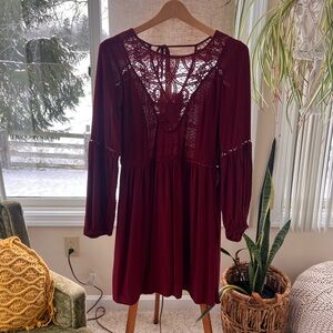 American Eagle Outfitters Burgundy Long Sleeve Dress